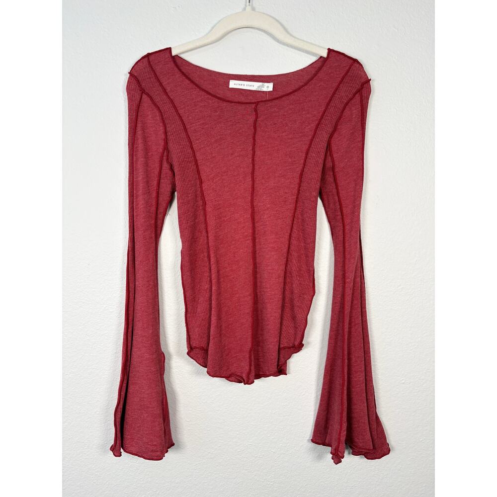 Altar'd State Red Seamed Patchwork Wide Neck Long Bell Sleeve Fitted Top